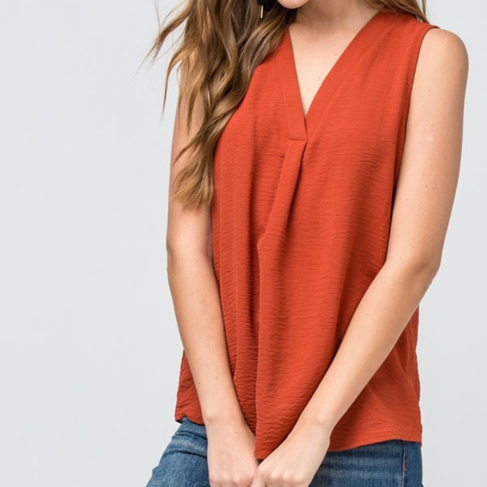 Split Neck Sleeveless Blouse - Rust